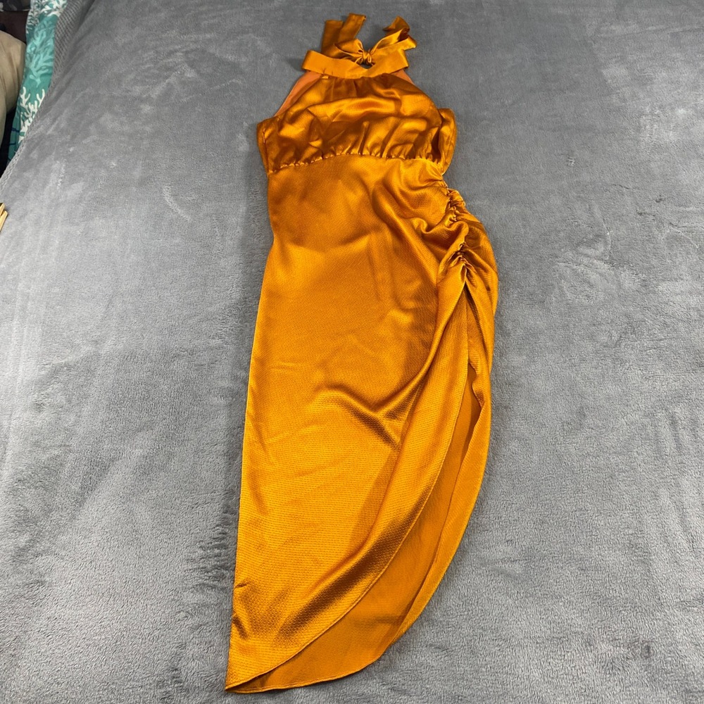 Avec Les Filles Midi Dress‎ Women 4 Orange Satin Halter Ruched Asymmetrical Tie